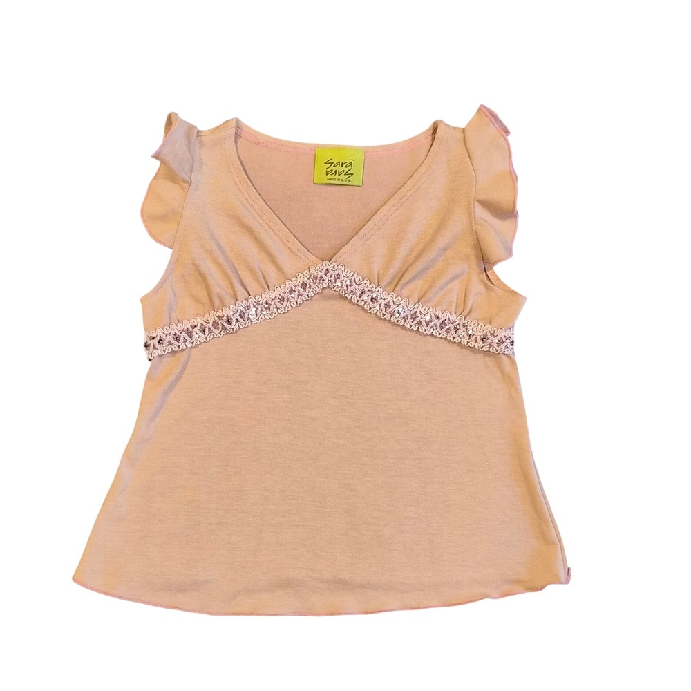 Sara Sara Mauve Pink Ruffle Sleeve Top Sequined Empire Waist V-Neck USA Made